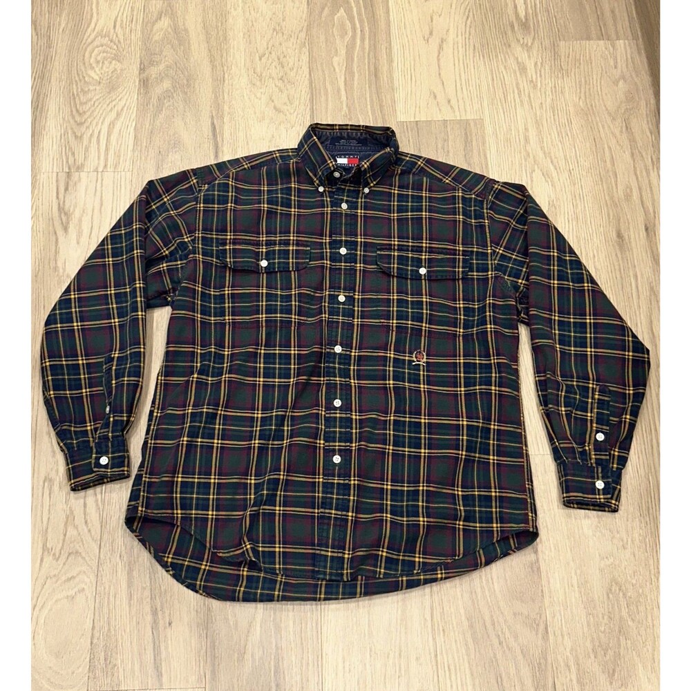 Tommy Hilfiger Crest Logo Plaid Button Down Shirt Mens M Green Yellow Red